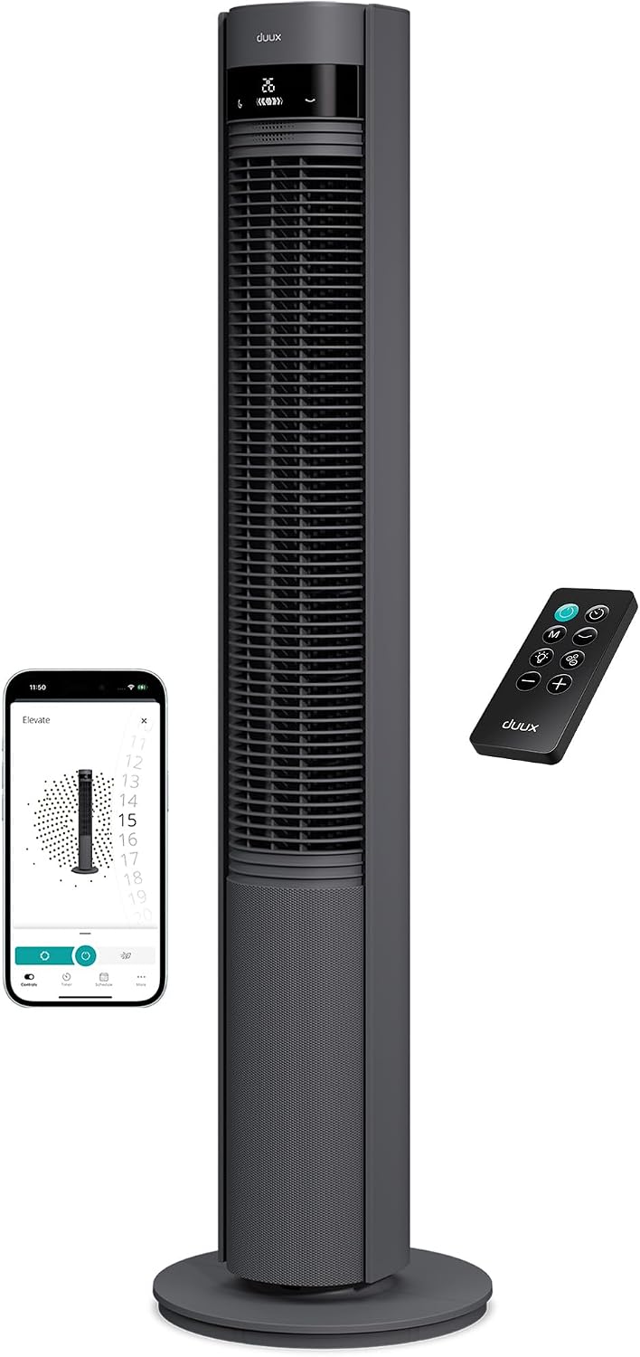 Duux Elevate Smart Ventilateur Tour - 26 Vitesses, 80° Oscillation, Seulement 25dB, Ionisateur, Minuterie (1–12h), Mode Sommeil, Tactile & Télécommande - Ventilateur Silencieux pour Chambre/Bureau