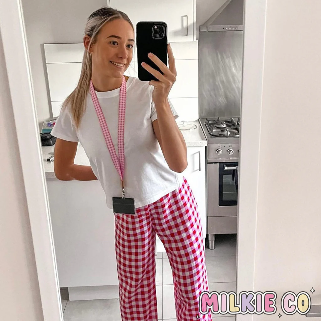 Baby Pink Gingham Fabric Lanyard