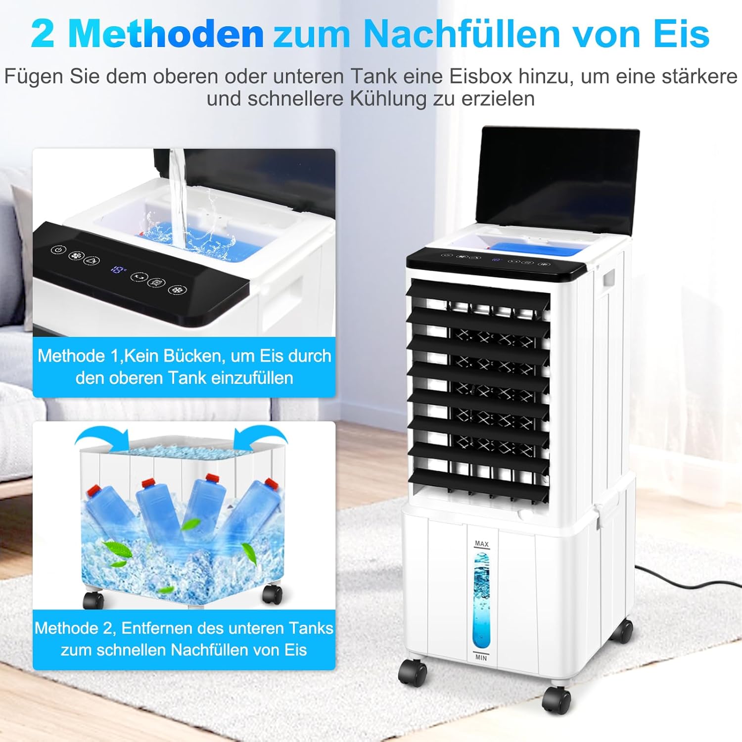 Klimagerät ohne Abluftschlauch, 14L 60W Klimaanlage Mobil mit 12H Timer, 3 Modus, 40dB, 120°Oszillation, Abnehmbare Wassertank, Fernbedienung, Leise Portable Air Conditioner für Wohnung Zimmer Räume