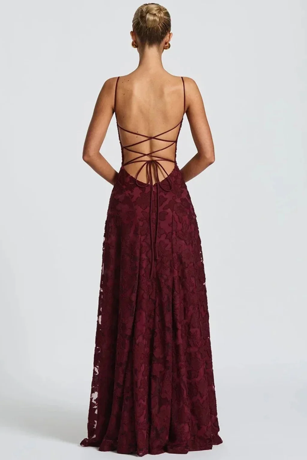 Damen Maxikleid mit Spaghetti-Tr?gern und Blumen-Jacquard | R��ckenfreies Abendkleid mit Schn��rung f��r festliche Anl?sse