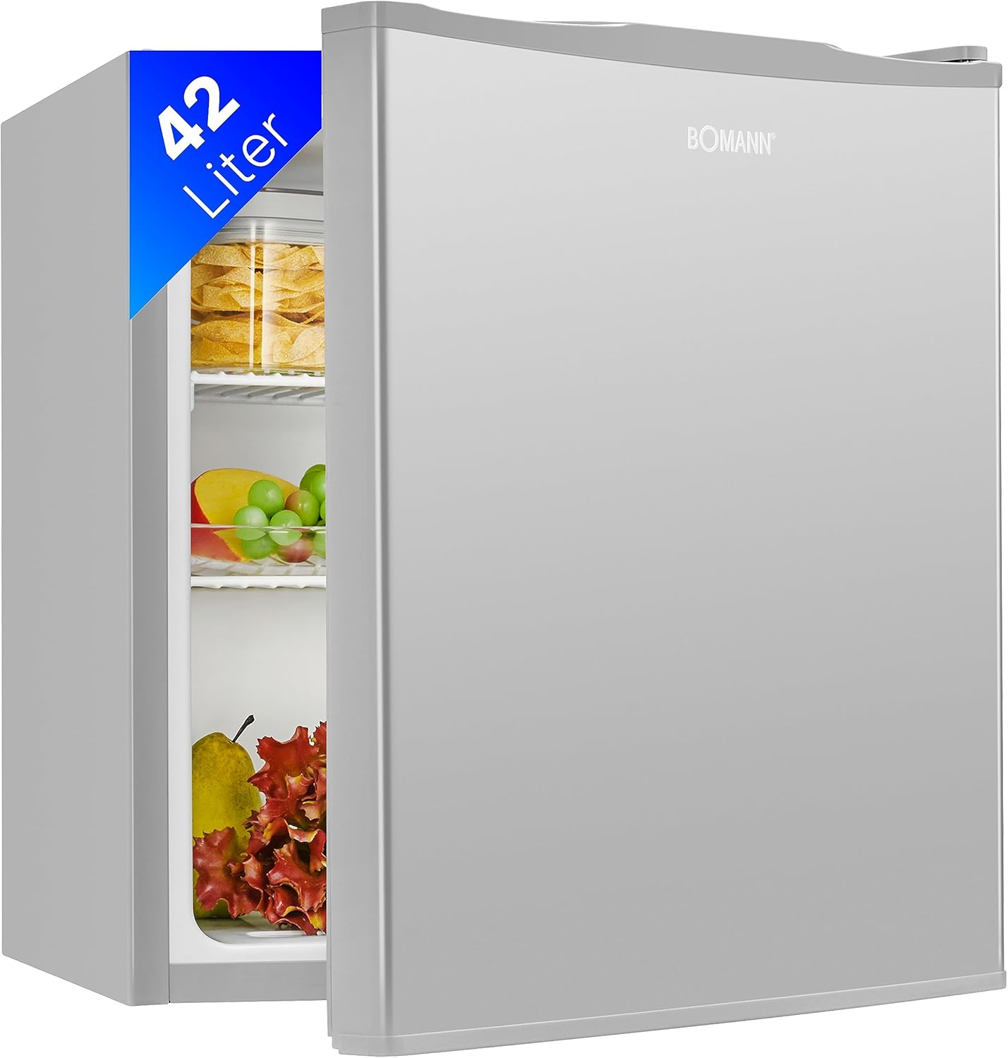 Bomann® Mini Kühlschrank 42 Liter | Getränkekühlschrank klein für Büro, Camping und Gaming | kleiner Kühlschrank leise 39 dB | Minibar mit wechselbarem Türanschlag | 51x45x45 cm | KB 7346 inox