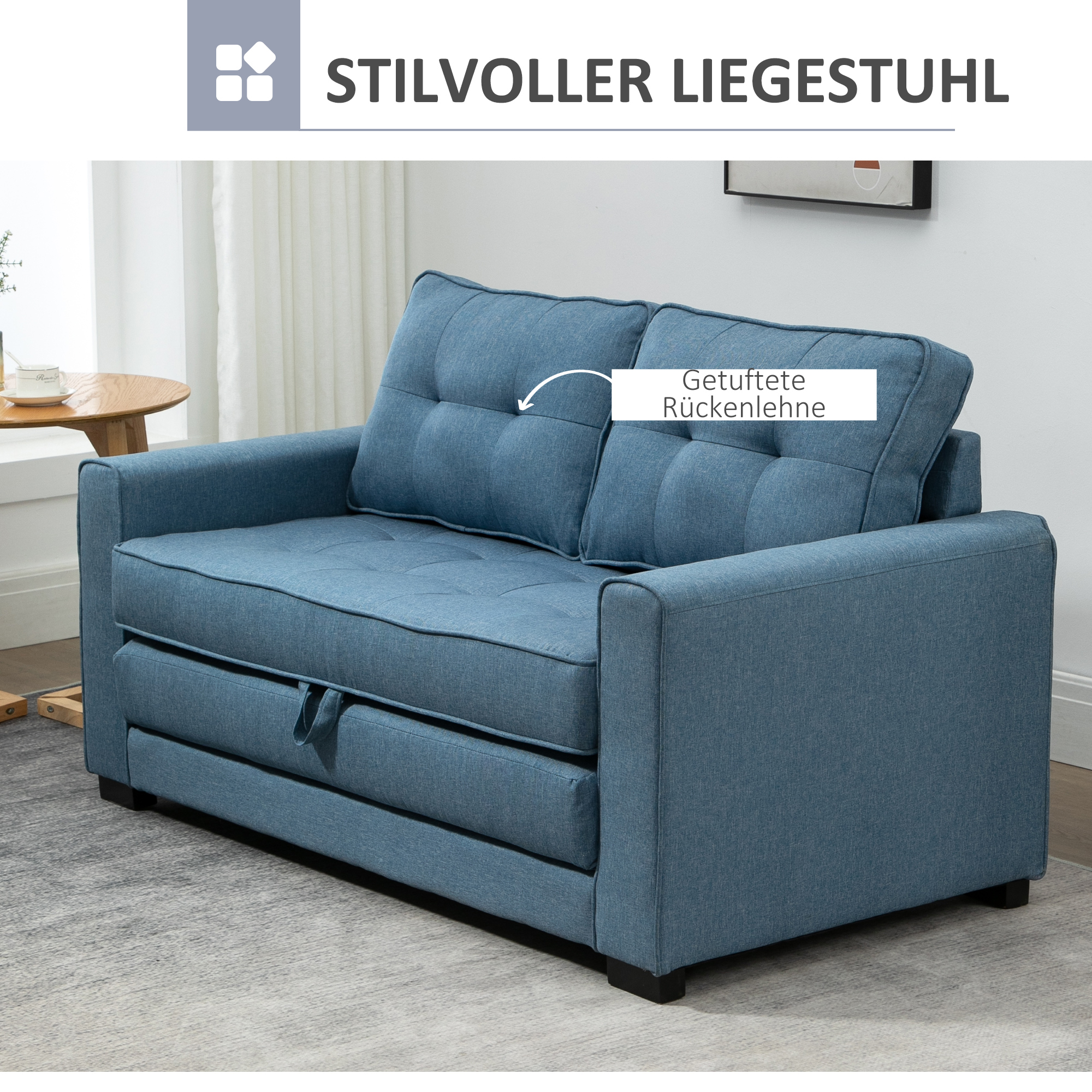 slaapbank, opklapbare sofa 2-zits, stoffen slaapbank, sofa met slaapfunctie, linnen touch, rubber hout, blauw, 147.5 x 75 x 85 cm