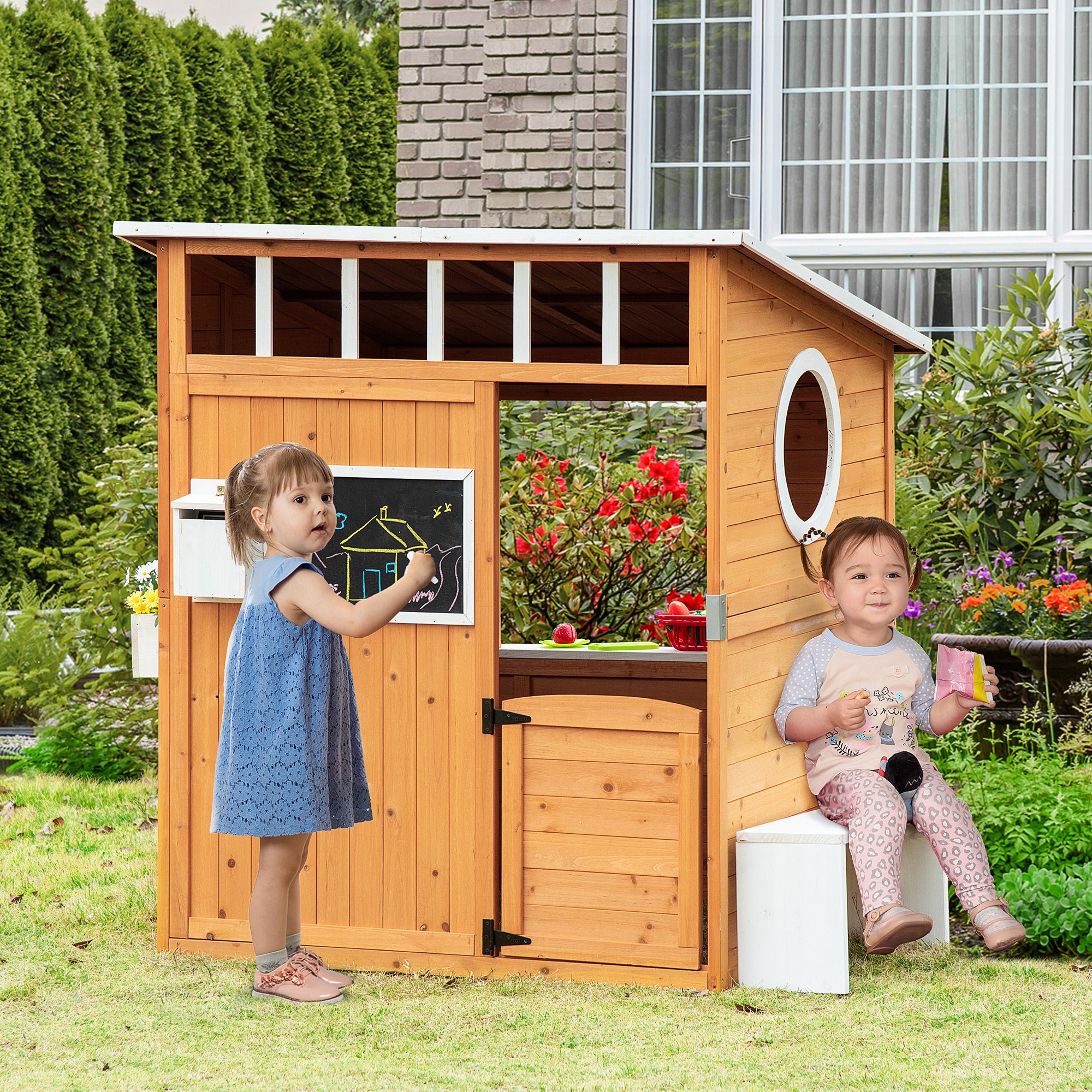 Kinder Speelhuisje van Natuurhout met Brievenbus en Plantenbak, Natuur