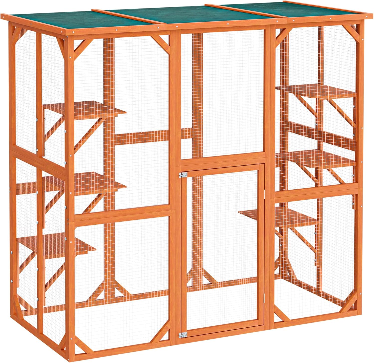 Wiltec Freilaufgehege Katzen 168 x 82 x 166,5 cm mit 6 Liegeflächen, wetterfestes Katzengehege Garten, Katzenhaus mit Drahtgitter und Bitumen Dach