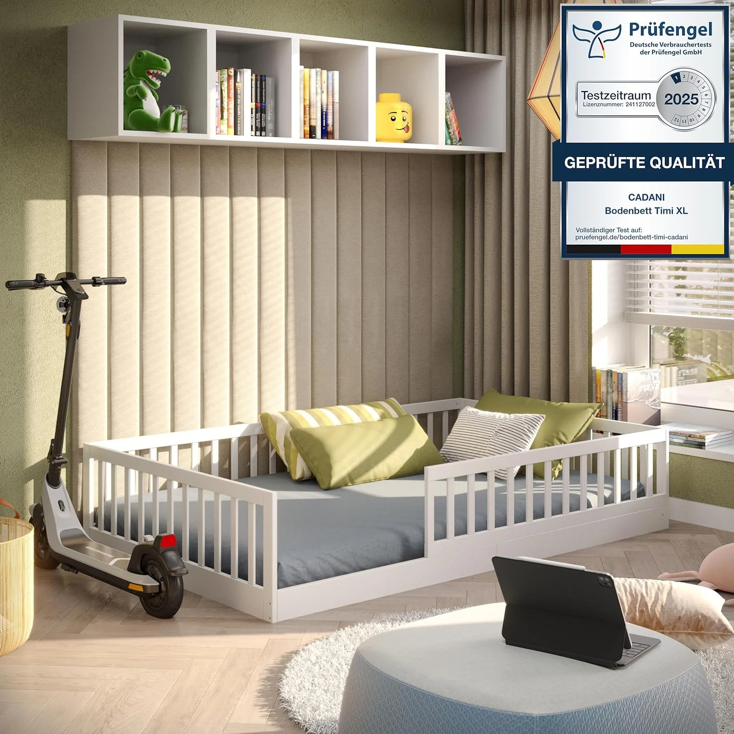 CADANI Timi 2-in-1 Vloerbed 140x200 cm Montessori Kinderbed met uitneembare valbeveiliging incl. lattenbodem, massief grenenhout, wit - 3 opbouwmogelijkheden, belastbaar tot 200 kg, ombouwbaar