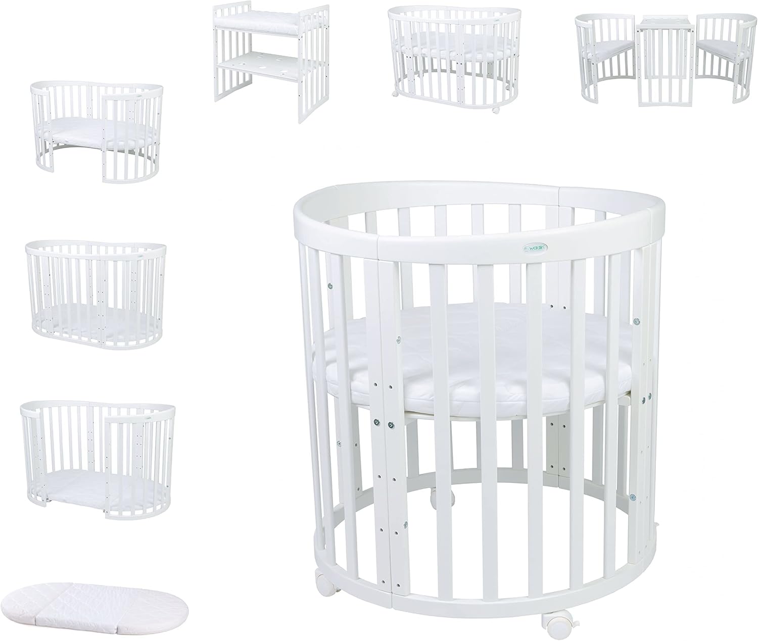 Waldin Oval Baby-Bett Mitwachsend Komplett Set 7in1, Gitterbett, Kinderbett mit Matratze, Wickelkommode, Beistellbett, Holz Weiß
