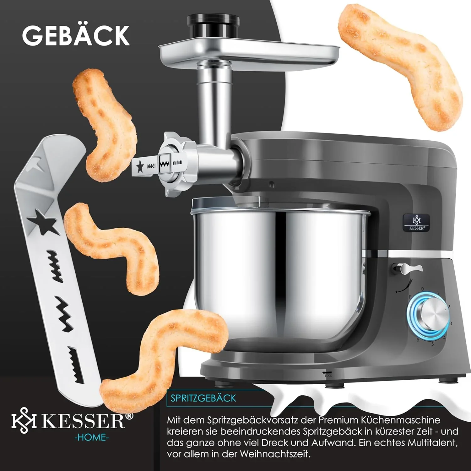 KESSER? 3 in 1 Universal K��chenmaschine K-KM 3000 mit Fleischwolf Knetmaschine Multifunktionale R��hrmaschine 5,5L Sch��ssel mit 3 R��hrwerkzeuge, 1,5L Entsafter, Zubeh?r-Set, Pasta & Geb?ckformen
