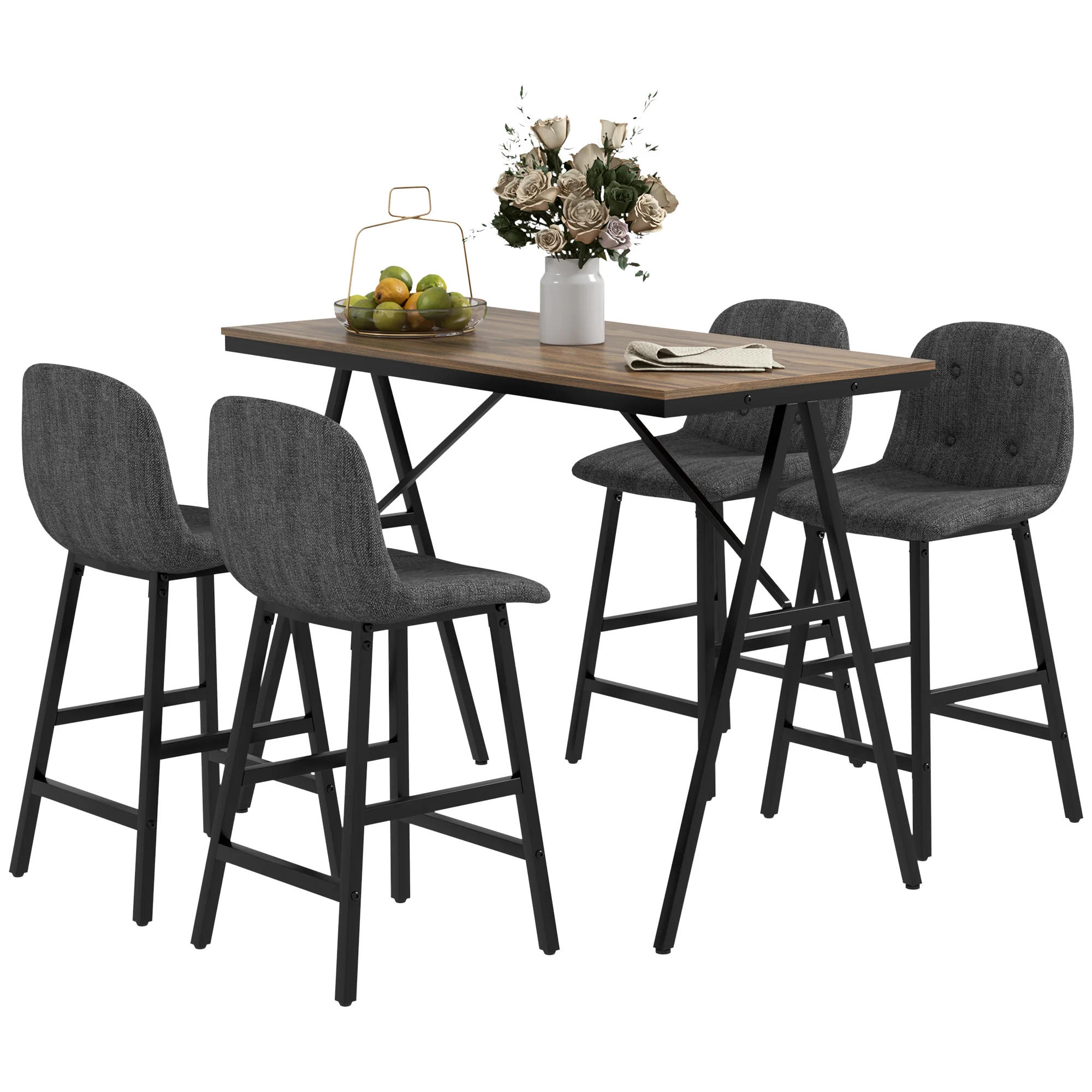 5-delige Bargarnituur, Tafel en 4 Stoelen, Knoopafwerking, Dikke Bekleding, Linnenlook, Donkergrijs