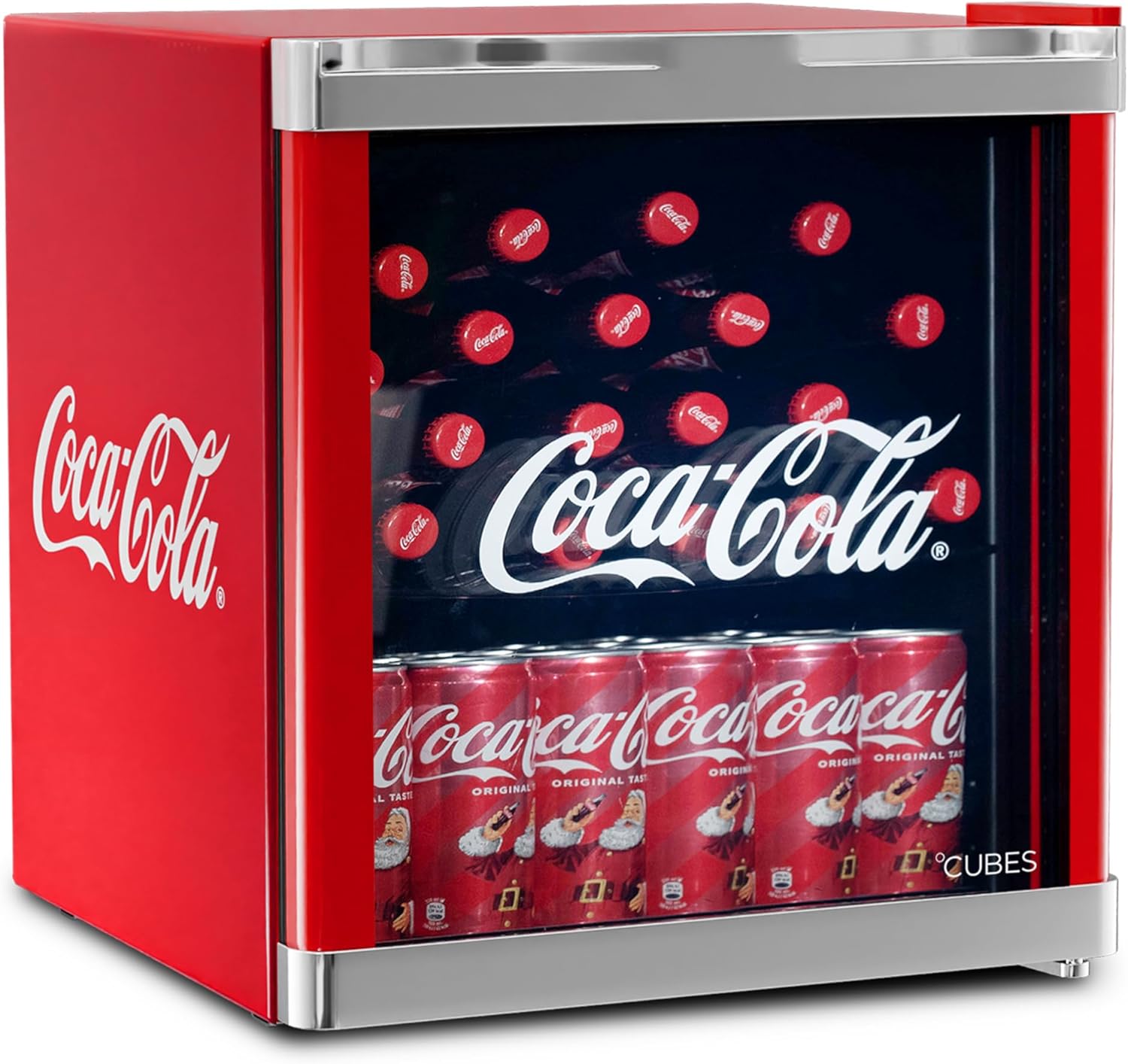 °CUBES Original Coca-Cola Mini Kühlschrank Rot 48L - Getränkekühlschrank mit Glastür, leise  und  energieeffizient - Für Büro, Partys  und  Gaming - Cooler Flaschenkühlschrank - Mini Kühlschrank für Getränke