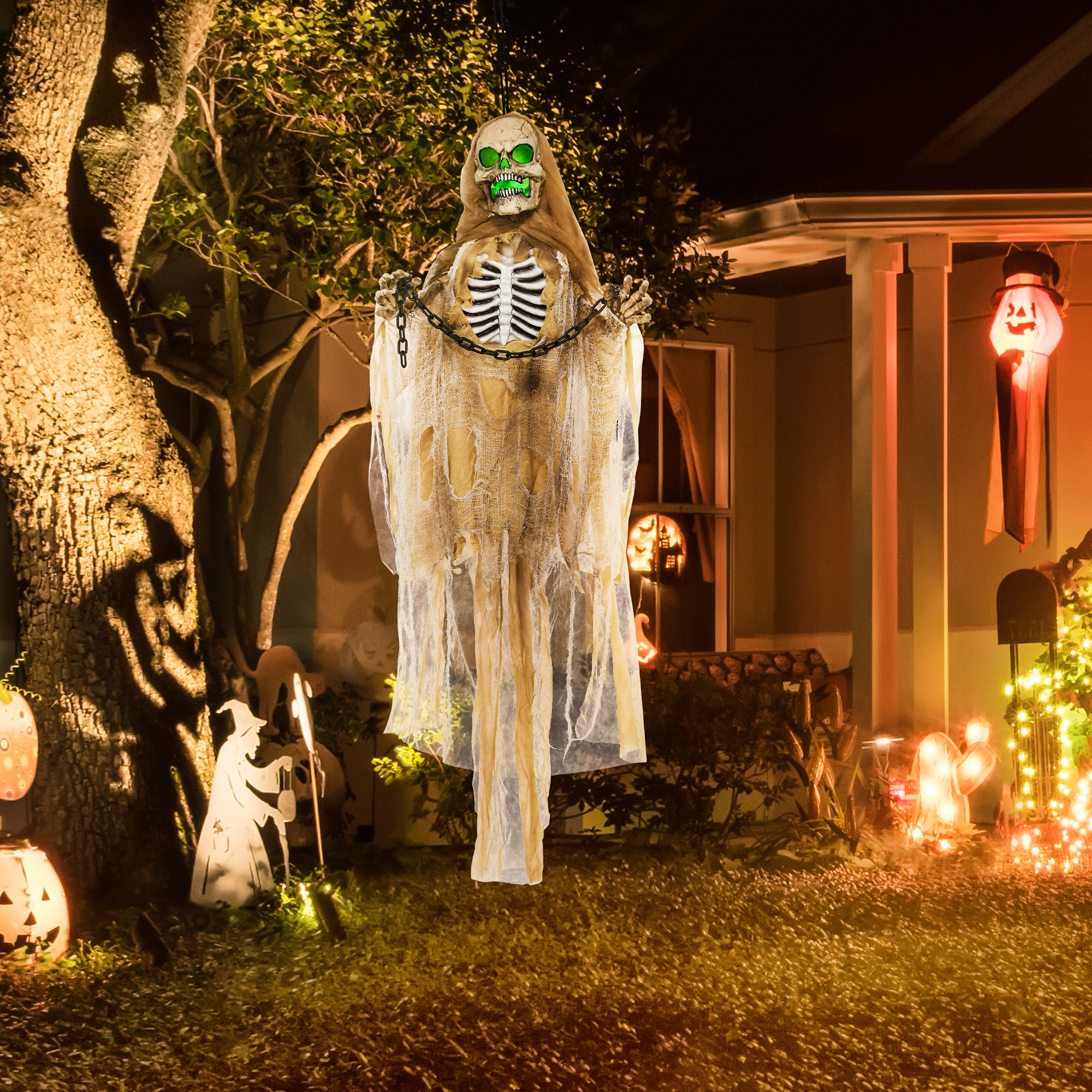 Halloween Decoratie, Hangend Skelet, Lichtgevende Kop, Griezelig Huilen, Buigzame Armen, Kaki