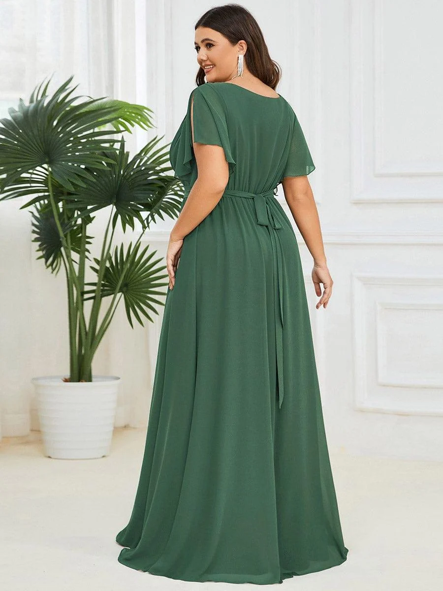 Abendkleid Damen Maxi A-Linie aus Chiffon | Festliches Kleid f��r Hochzeitsg?ste mit V-Ausschnitt und Fl��gel?rmeln