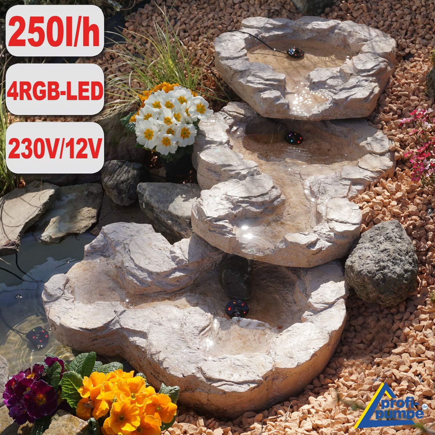 Solar GARTENBRUNNEN Bachlauf QUELLBACH II mit LED-Licht/Hybrid-System, 230V ZIERBRUNNEN VOGELBAD Wasserfall GARTENLEUCHTE TEICHPUMPE - SPRINGBRUNNEN WASSERSPIEL für Garten, Gartenteich, Teich