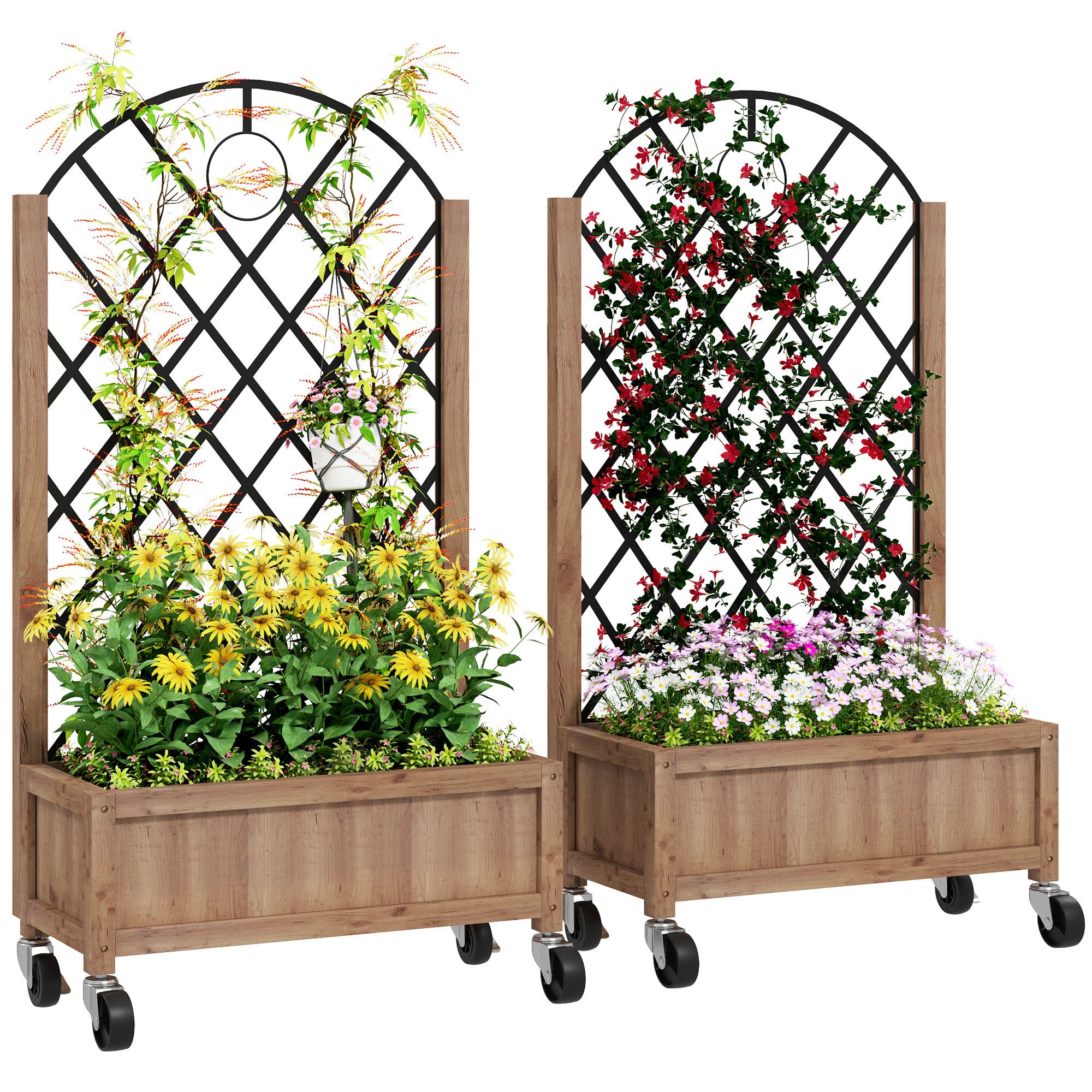 2-delige set verhoogde bloembedden met wielen, klimrek, trellispot bloembak hout 52x25x97cm Bruin