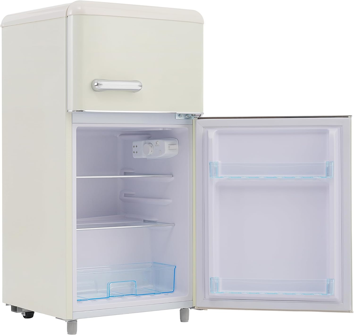 Merax Retro Kühlschrank, Doppeltür, 72L Gesamtvolumen, 21L Gefrierfach, Energieklasse E, 120 kWh/Jahr, LED-Beleuchtung, 3 verstellbare Einlegeböden Weiß