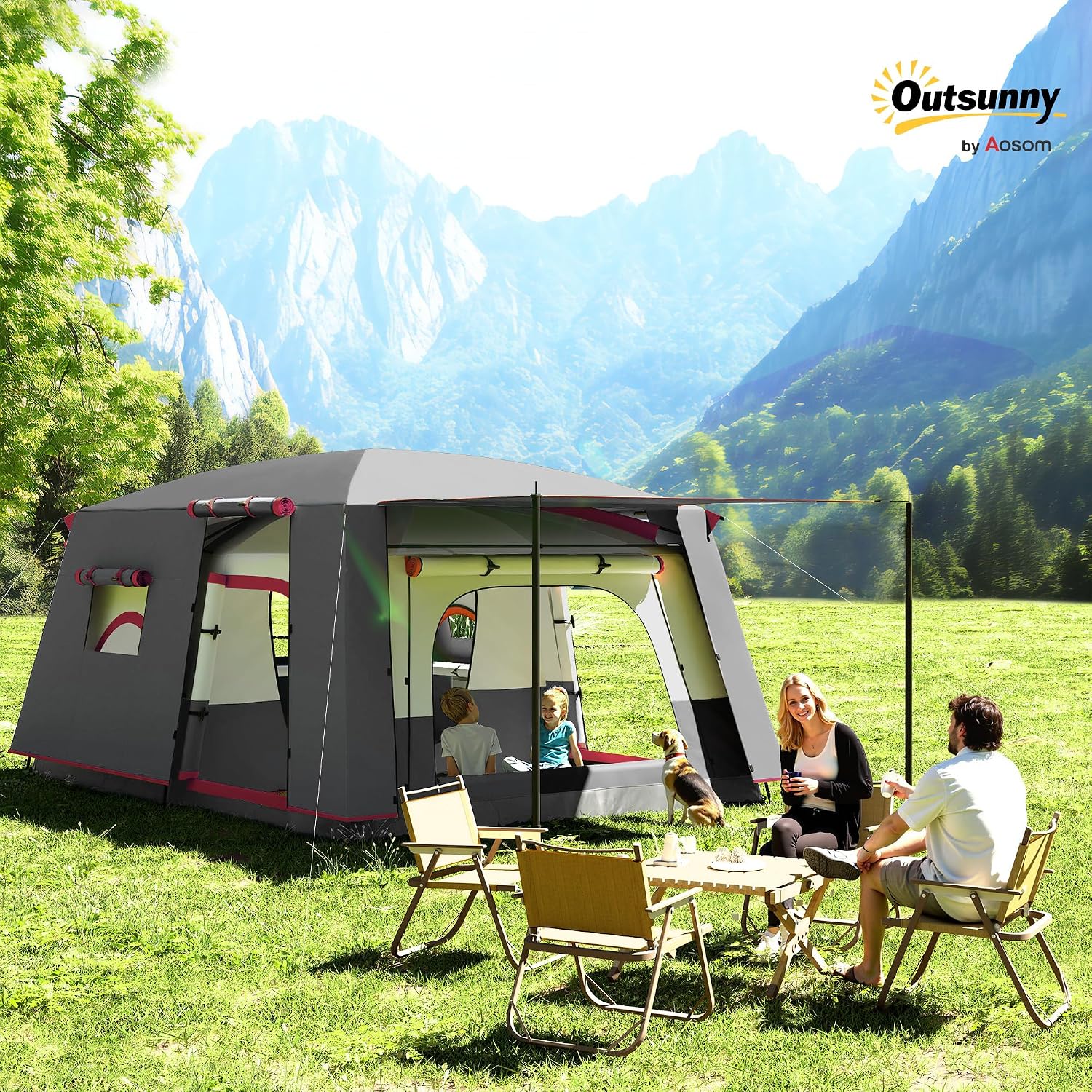 Outsunny Tienda de Campaña Familiar para 4 Personas Tienda de Camping Tipo Túnel con 2 Habitaciones Porche Impermeable 3000 mm Anti-UV para Pescar Senderismo
