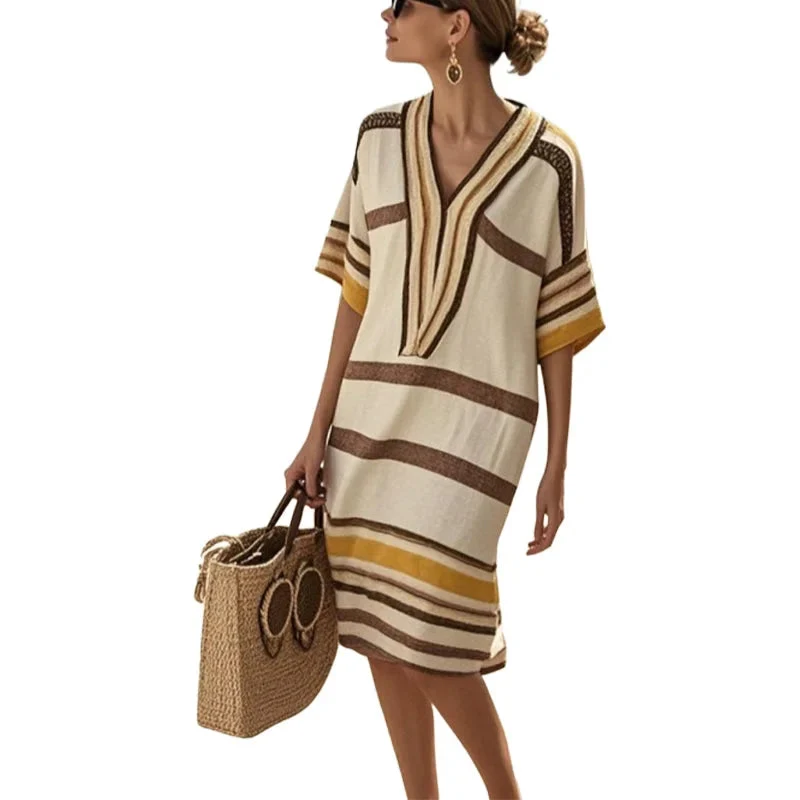 Gestreiftes Sommerkleid f��r Damen mit V-Ausschnitt | Luftiges Freizeitkleid in flie?ender Passform f��r warme Tage