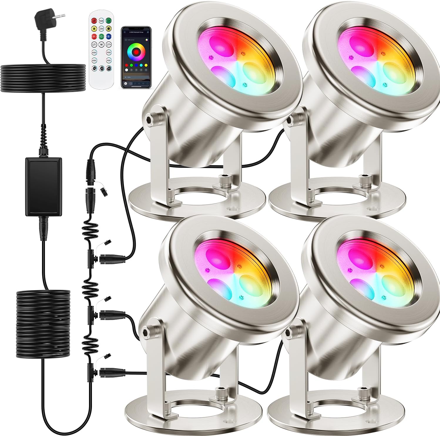 All-in-One Eclairage Bassin LED Acier Inoxydable SS316, RGB Lampe de Bassin Extensible avec Câble de 15,5M, Spot Bassin IP68 pour Bassin, Cascade, Ruisseau, Étang à Poissons, Fontaine, 4er-Pack