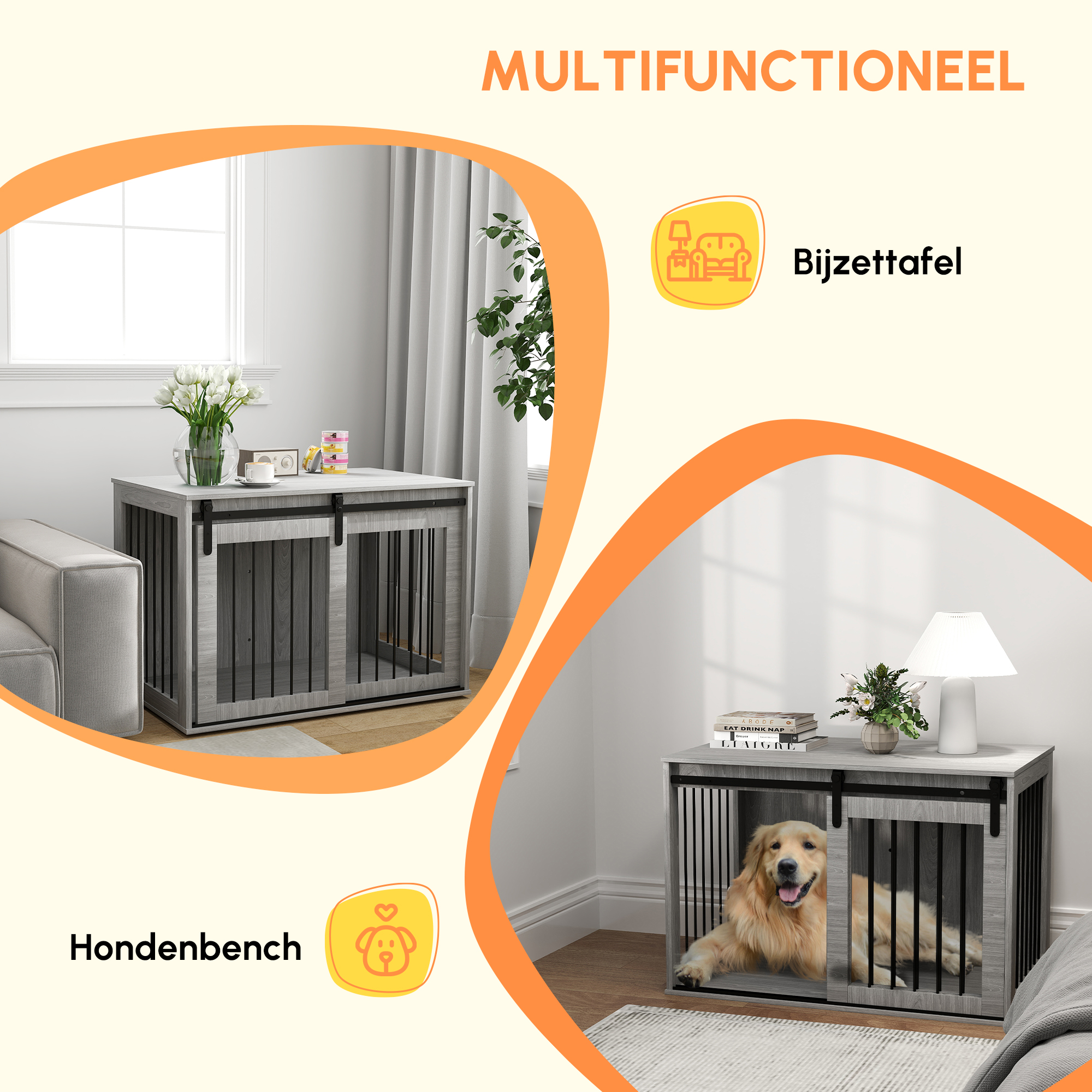 Hondenbench met schuifdeur, ventilatie, spaanplaat en staal, 98 x 58 x 61 cm, Grijs