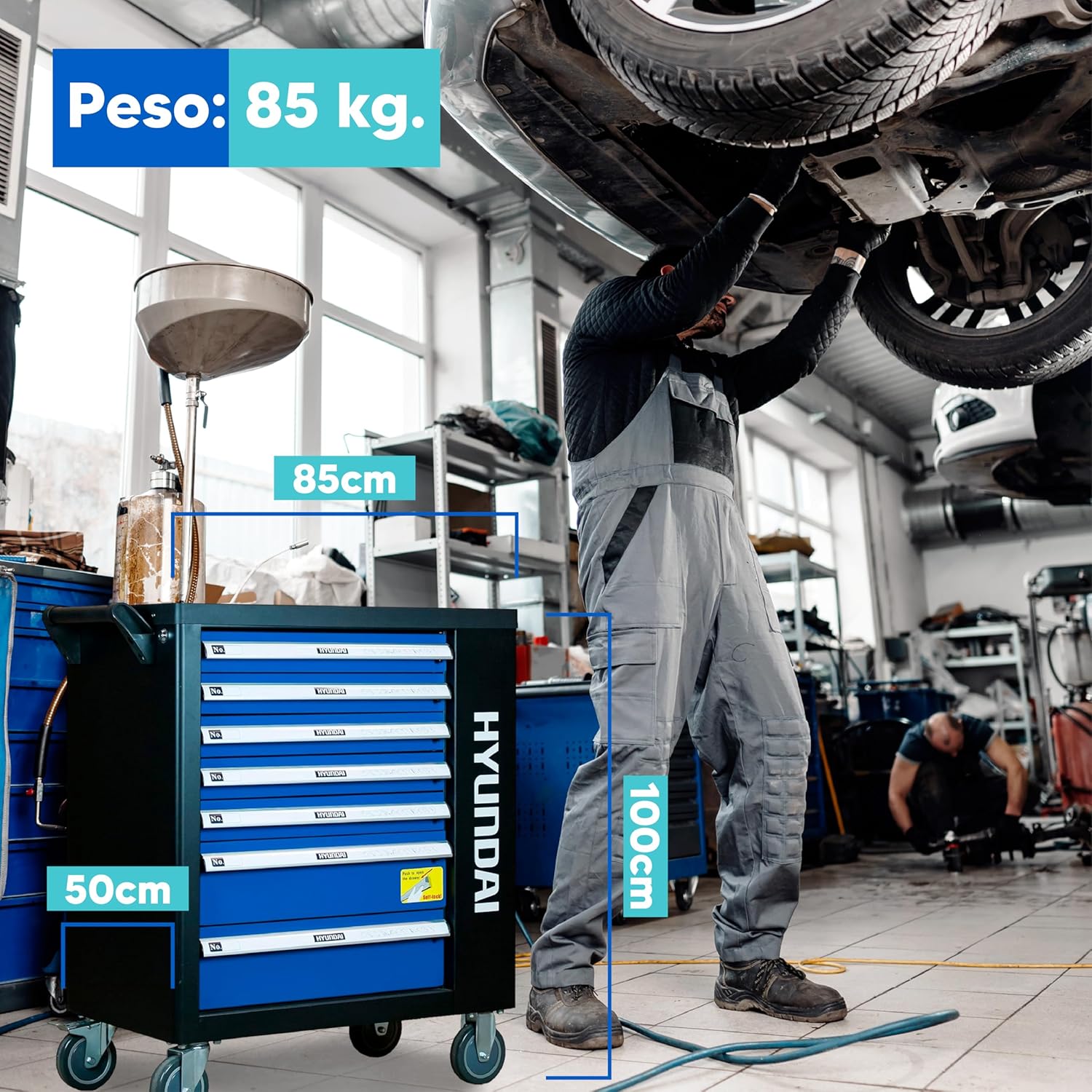 HYUNDAI Tool Trolley with 297 Pieces for Professional Workshop – Tool Trolley with 7 Drawers and Lock with Key – Tool Organizer with Ratchet and Steel Chassis
