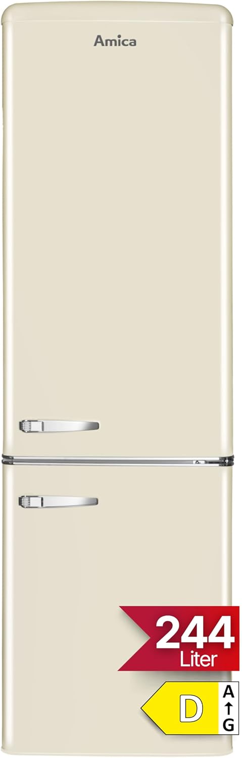 Amica Retro Kühlschrank freistehend mit Gefrierfach 244 l LED Beleuchtung Glasablagen Chrom Flaschengitter 181 x 55 x 62 cm Beige - Kühl Gefrierkombination