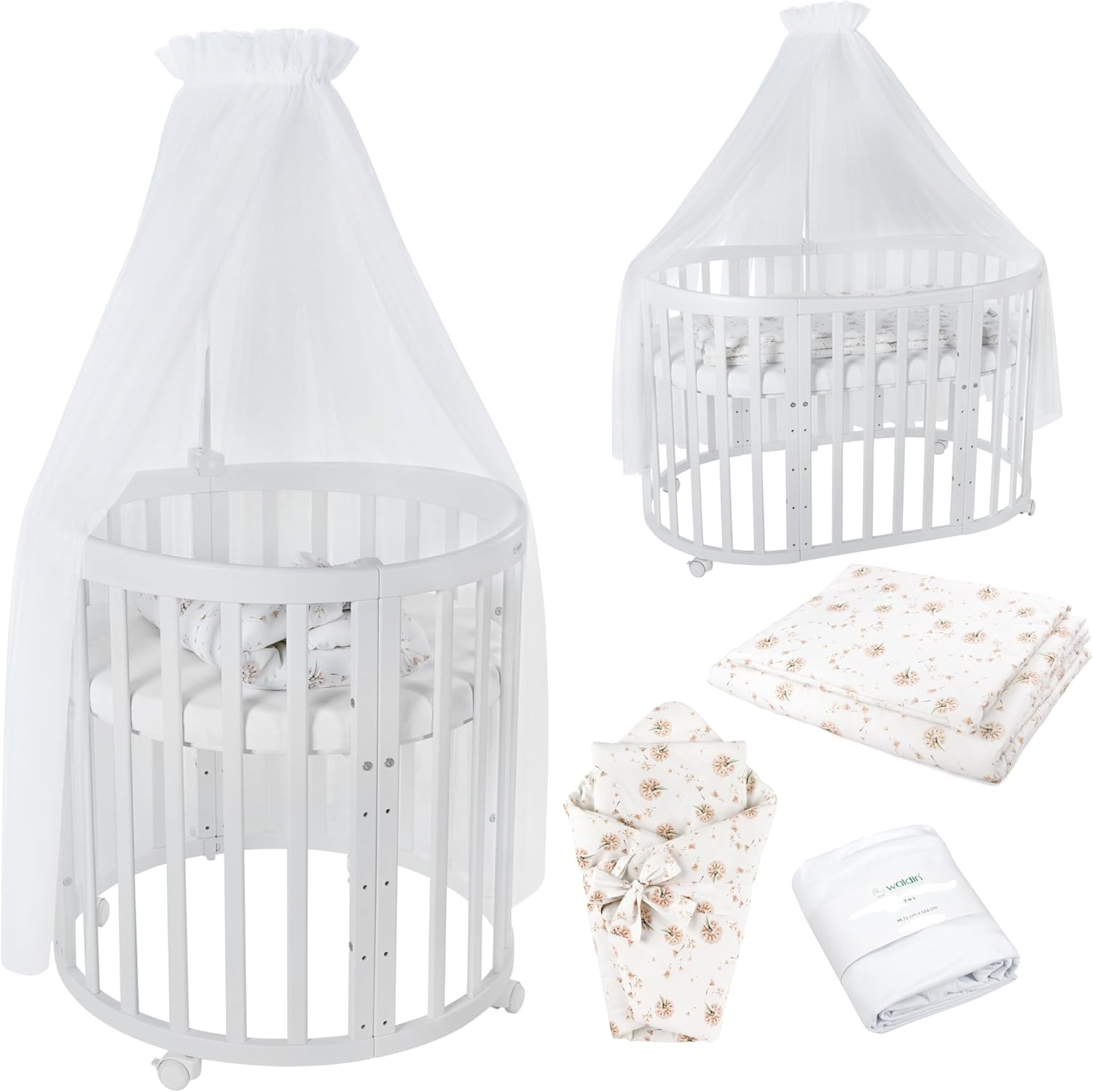 Waldin Oval Baby-Bett Mitwachsend Komplett Set 7in1, Gitterbett, Kinderbett mit Matratze, Wickelkommode, Beistellbett, Holz Weiß
