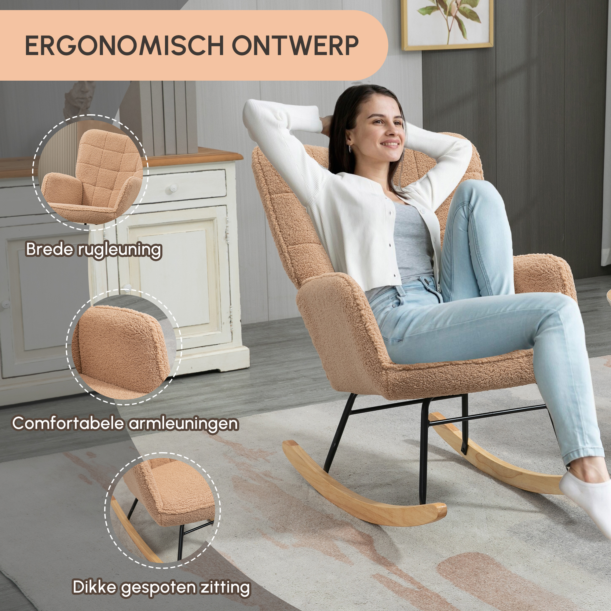 Schommelstoel in Retro-Design, Massief Hout, Stoel, Relaxstoel, 92 cm x 71 cm x 101 cm, Bruin