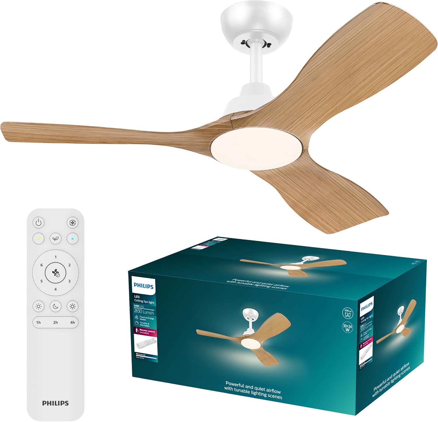 PHILIPS Olas Deckenventilator mit LED-Leuchte, 3 Flügel, 106 cm Durchmesser, 2650 Lumen, einstellbares weißes Licht von 3000 K bis 6500 K, dimmbar auf 5%, inklusive Fernbedienung, weiß/Holz, modern