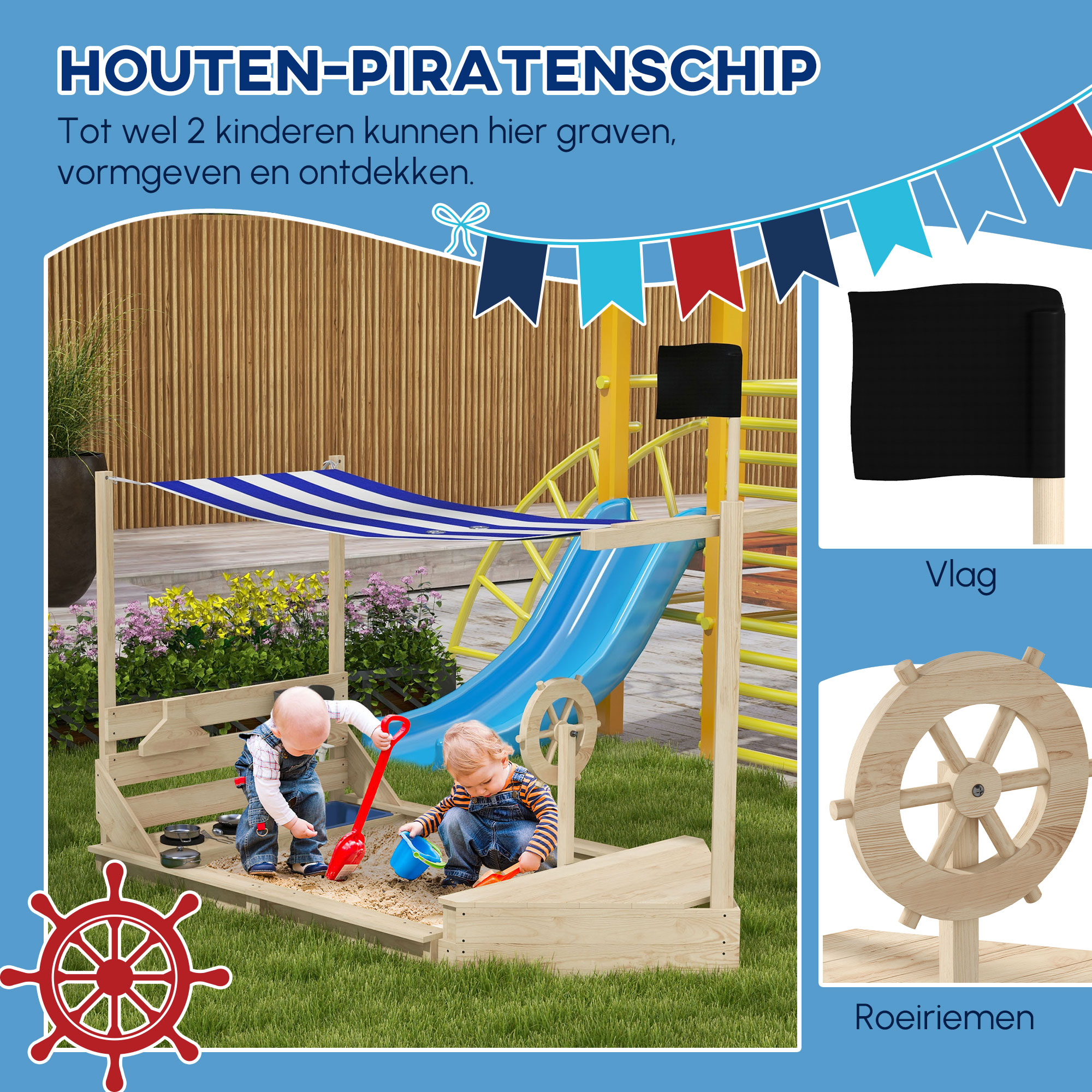 Zandbak, piratenschip ontwerp, met speelkeukenset, zonnescherm, natuurlijk hout, 180 x 103 x 144,5 cm
