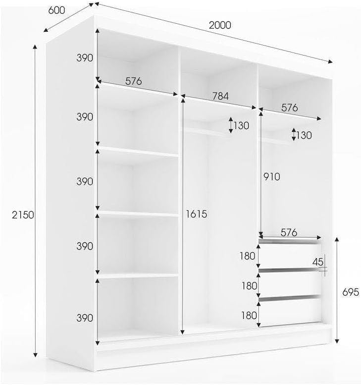 A&J MöbelLand Schwebetürenschrank Duo Kleiderschrank 2-türig mit Schubladen, und Spiegel, Garderobe 200 cm