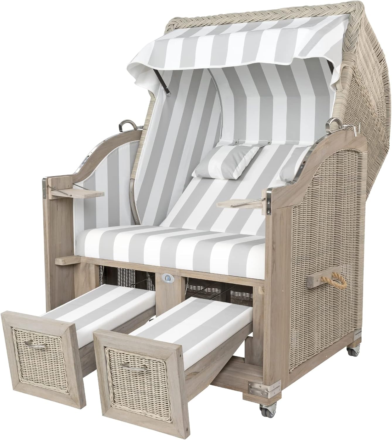 Strandkorbprofis Strandkorb Landhaus Sylt Teak Vintage, Geflecht White-Washed, Bezug PVC Blockstreifen grau