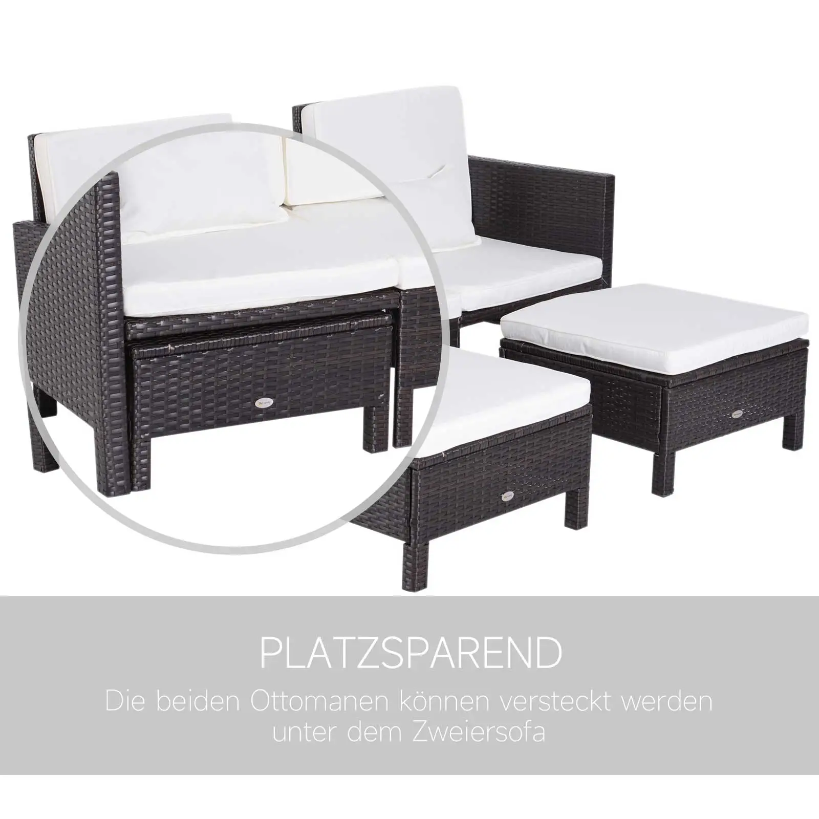 Outsunny polyrattan tuinset 3-delig met poef kussens outdoor