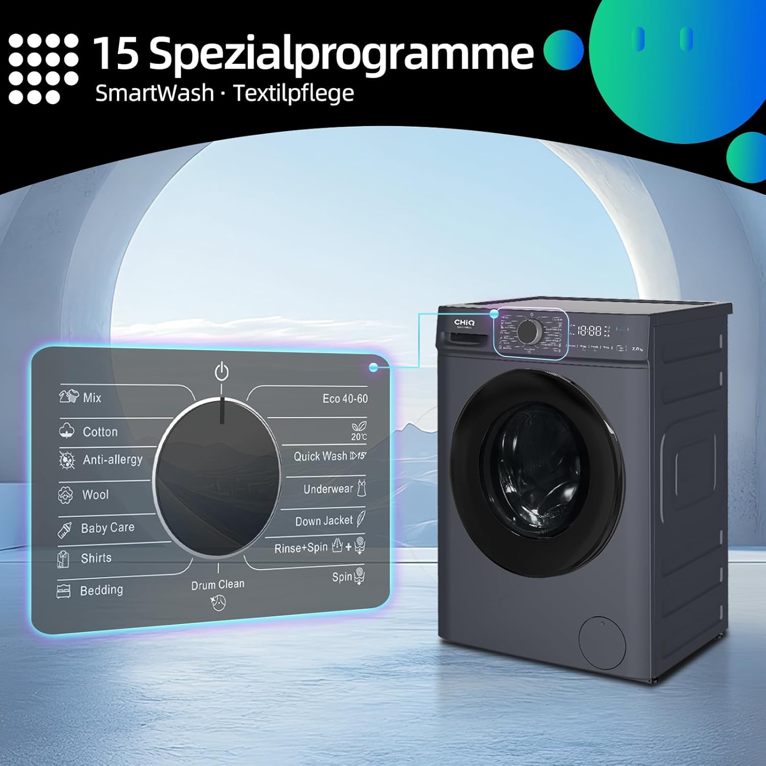 CHiQ Waschmaschine 7kg, 15 Programme, InverterMotor, Eco-Logic, Speed Wash, 60x46,5x84cm, Auto Clean, Washer Grau, CW07123863AX