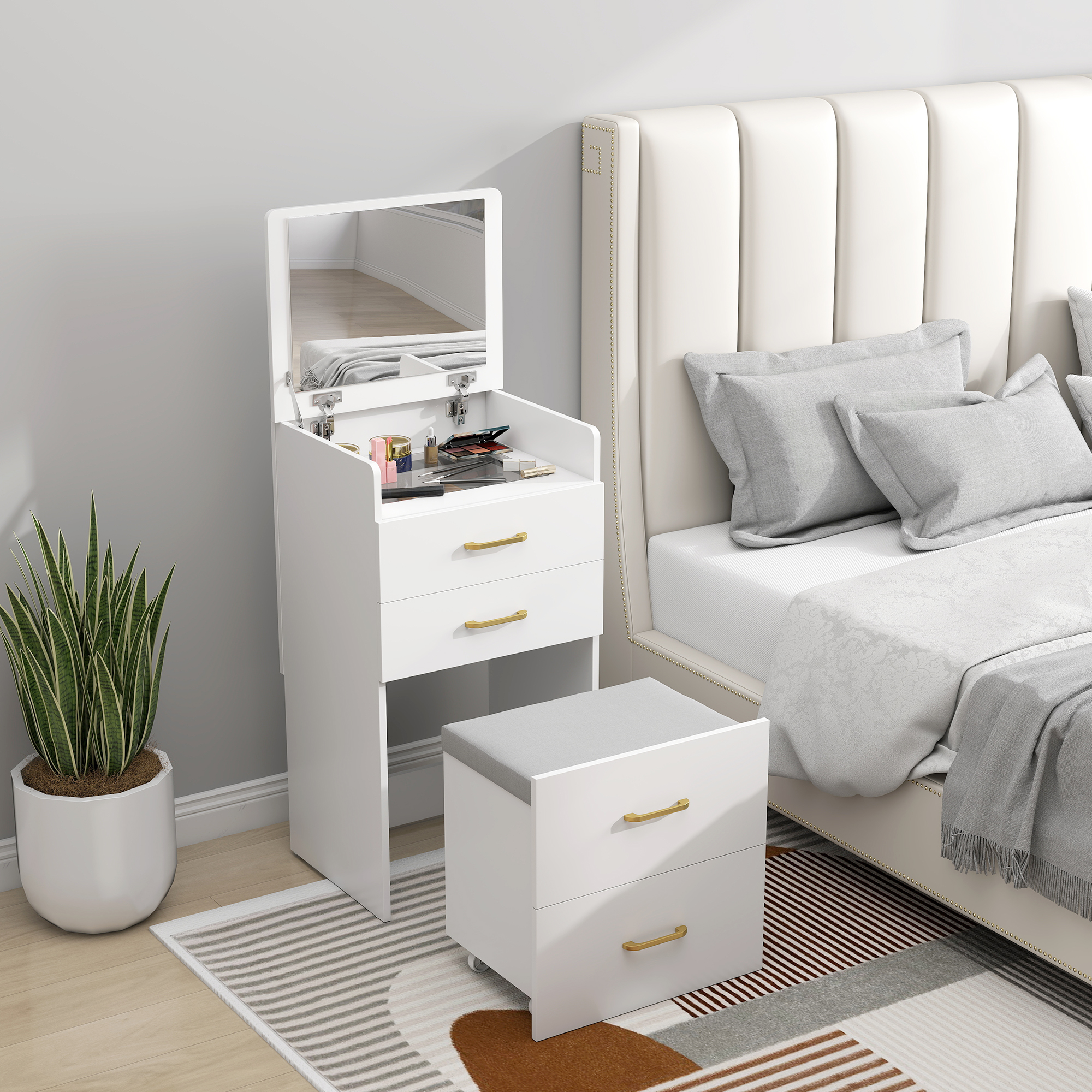 3-in-1 Make-uptafel met Spiegel, Nachtkastje, Rollende Kruk, Lades, Wit