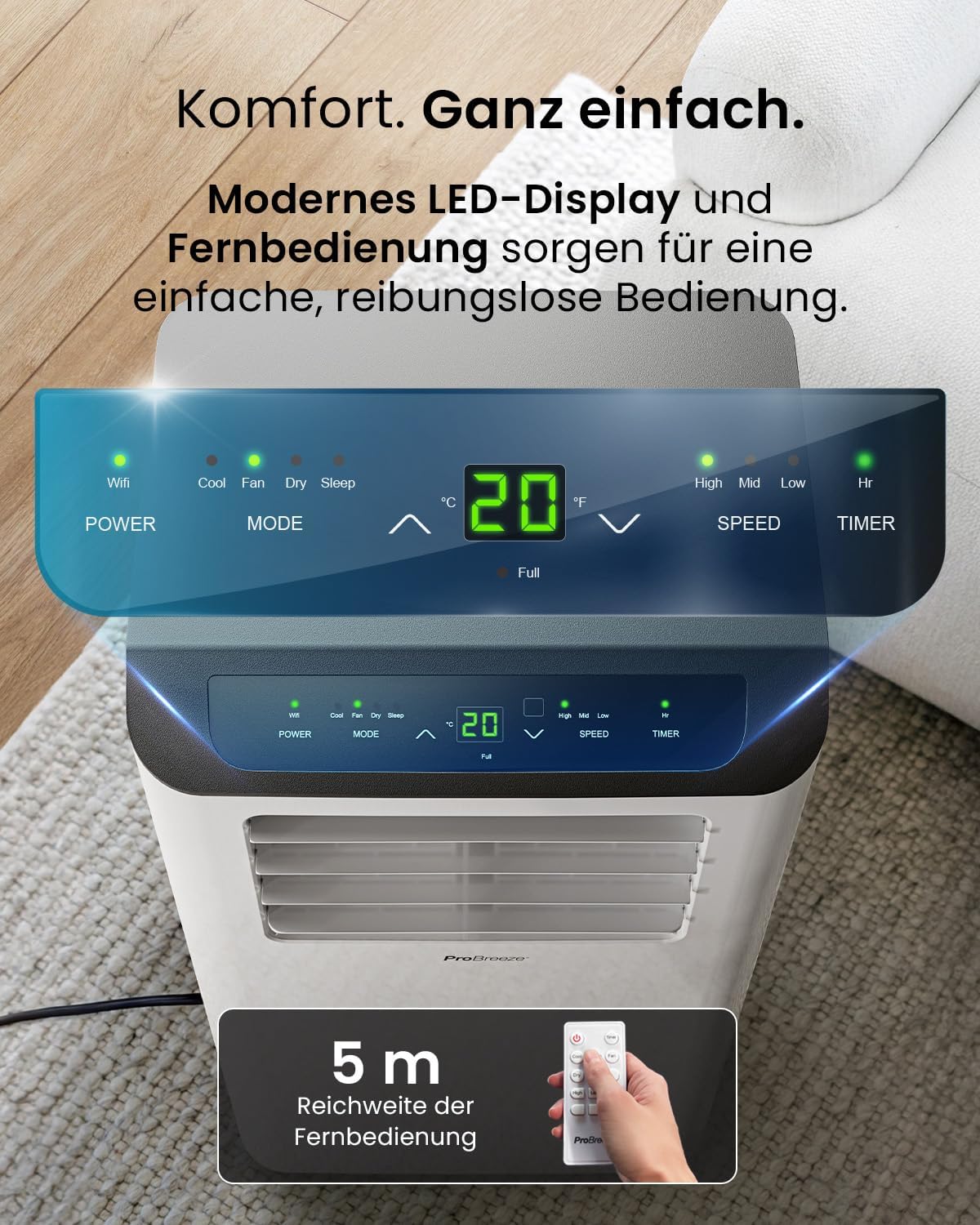 Pro Breeze Mobiles Klimagerät 14000 BTU – Klimaanlage mit Abluftschlauch, WiFi Smart Home Steuerung, 24h Timer, LED Display & Fensterabdichtung – Mobile Klimaanlage für Wohnung, Büro & Zuhause