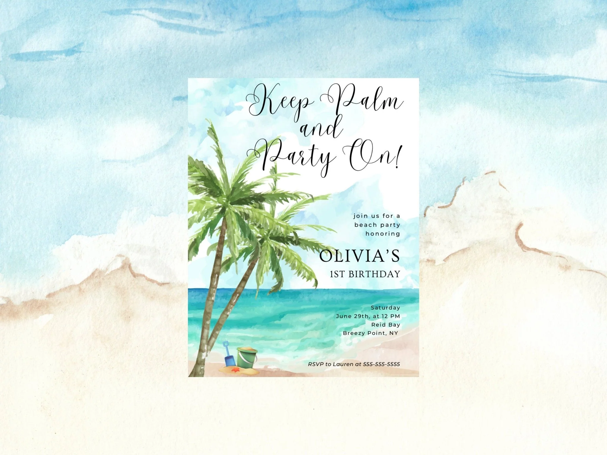 Keep Palm and Party On Birthday Invitation, Beach Party Invitation, Beach Themed Birthday, Children's Birthday Party Invitation