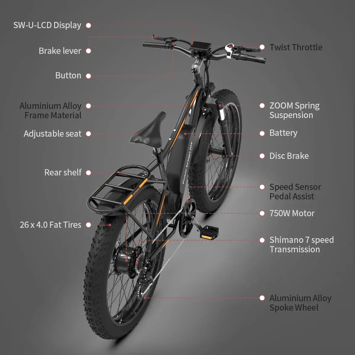 26 In.48V 13Ah 750W Mountain Electric Bikes for Adults Men, 26