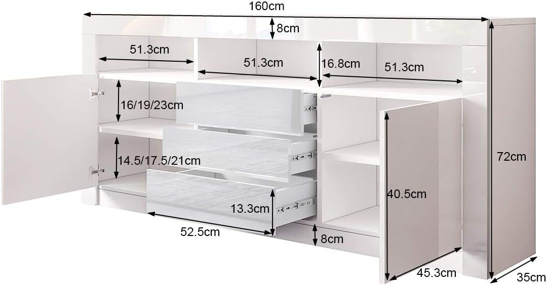 Sideboard Hochglanz Matt Anrichte Schrank mit 2 Türen 3 Schubladen & LED Beleuchtung TV Lowboard Für Esszimmer Wohnzimmer Möbel Weiß