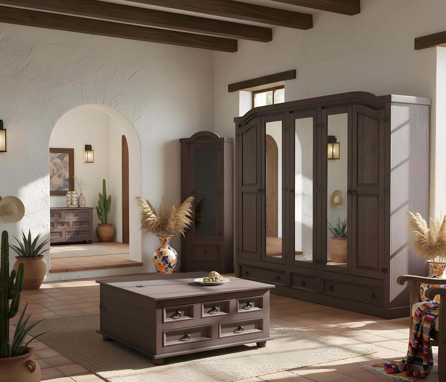 Hacienda-Look – Sideboard New Mexiko 3+3 Anrichte Buffet Schrank Kommode kolonial – 132x84x44 cm – 3 Schublade(n) – Massive Kiefer – Farbe Dunkelbraun – Hacienda-Stil – wärmender