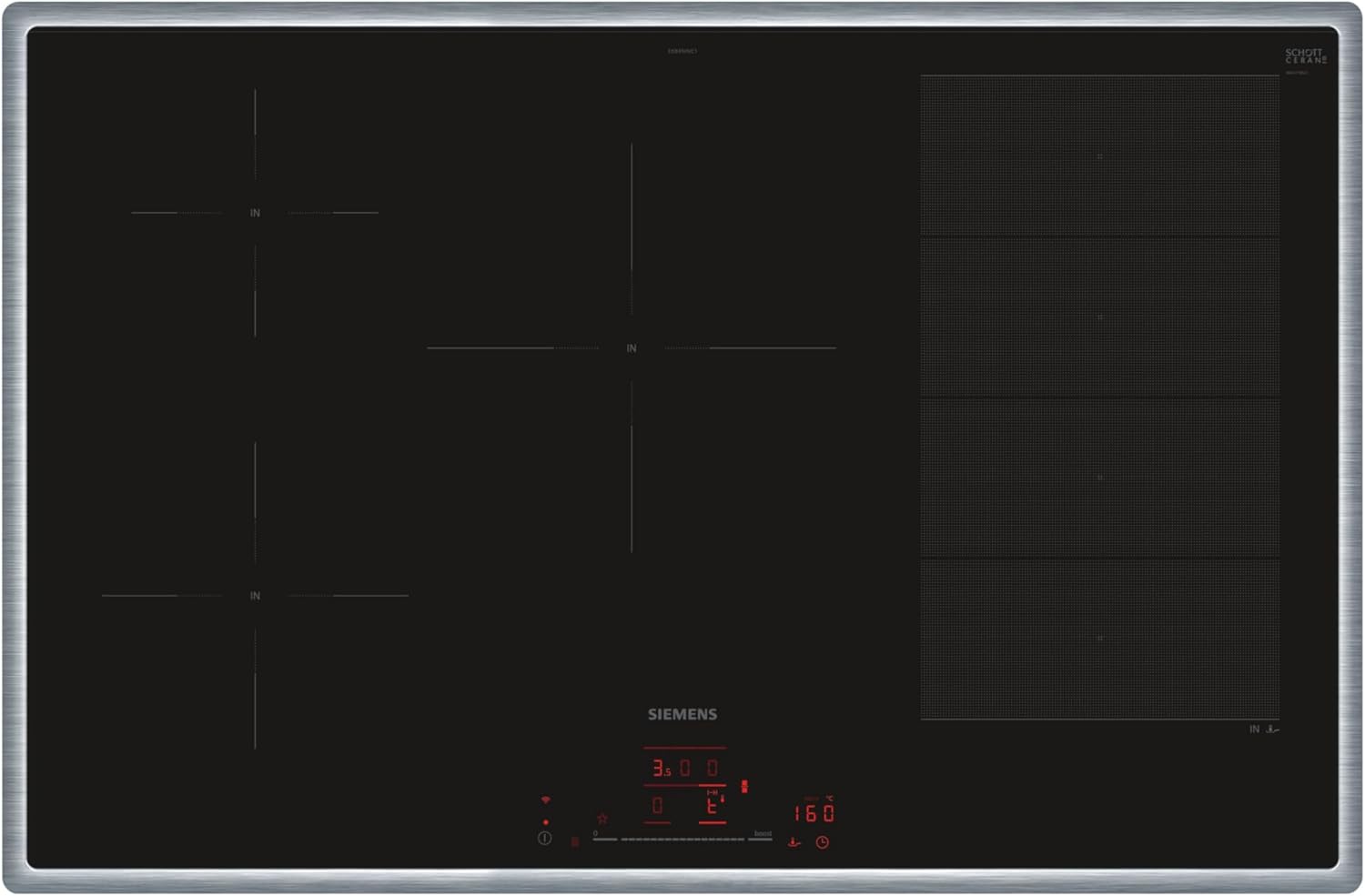 Siemens EX845HVC1E, iQ700 Smartes Induktionskochfeld mit Rahmen, Autark, 80 cm, Bedienung mit touchSlider, Flexible und Intelligente Kochzonen, powerBoost für schnelleres Kochen, fryingSensor, Schwarz