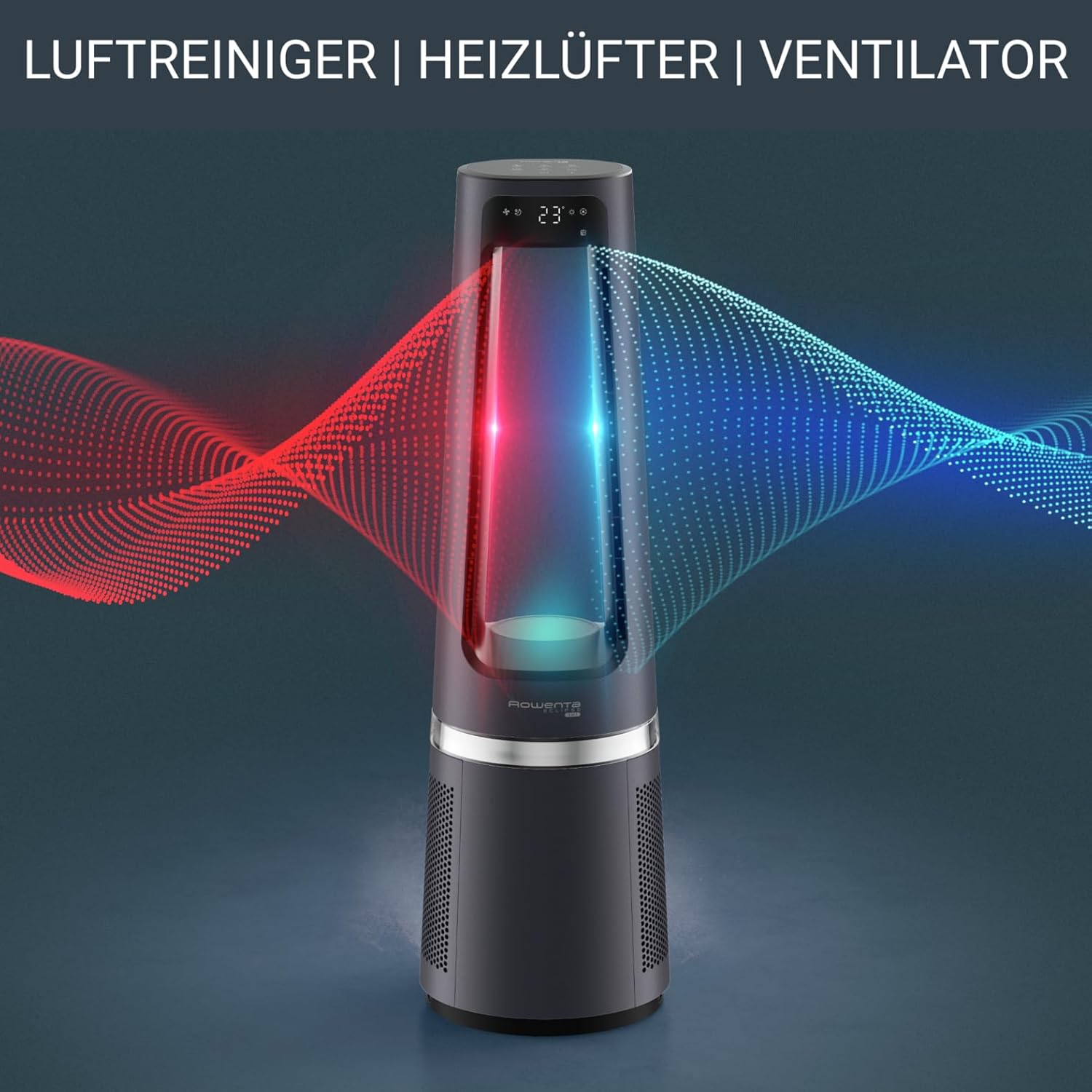 Rowenta QU5062 Eclipse 3in1 Luftreiniger, Heizlüfter, Ventilator, filtert 99,9% der Partikel, für 30 m2 Raumgröße, schnelle Heizung bis zu 35°C, automatischer Tag- und Nachtmodus, Schwarz/Grau
