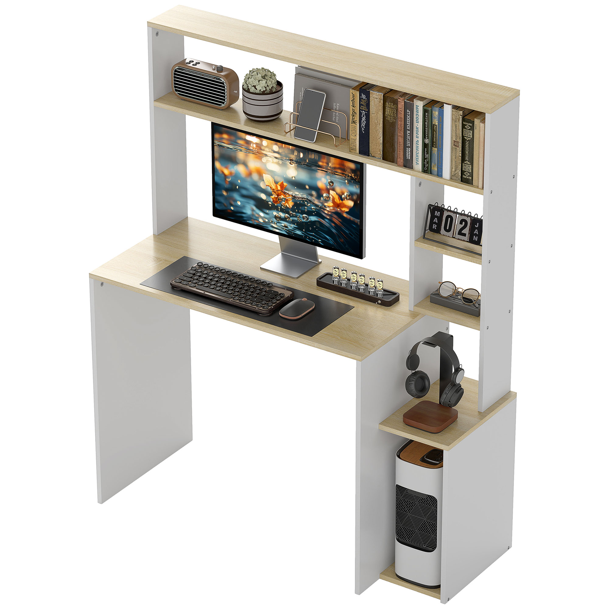 Computerbureau, Bureau met Open Rekken en Planken, van Staal, Lichtbruin+Wit