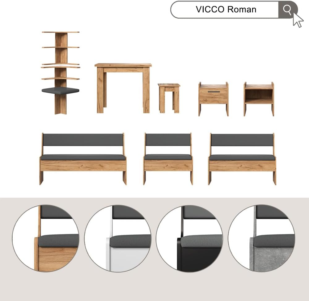 Vicco Eckbankgruppe Roman, Goldkraft Eiche, 210 x 120 cm mit Tisch