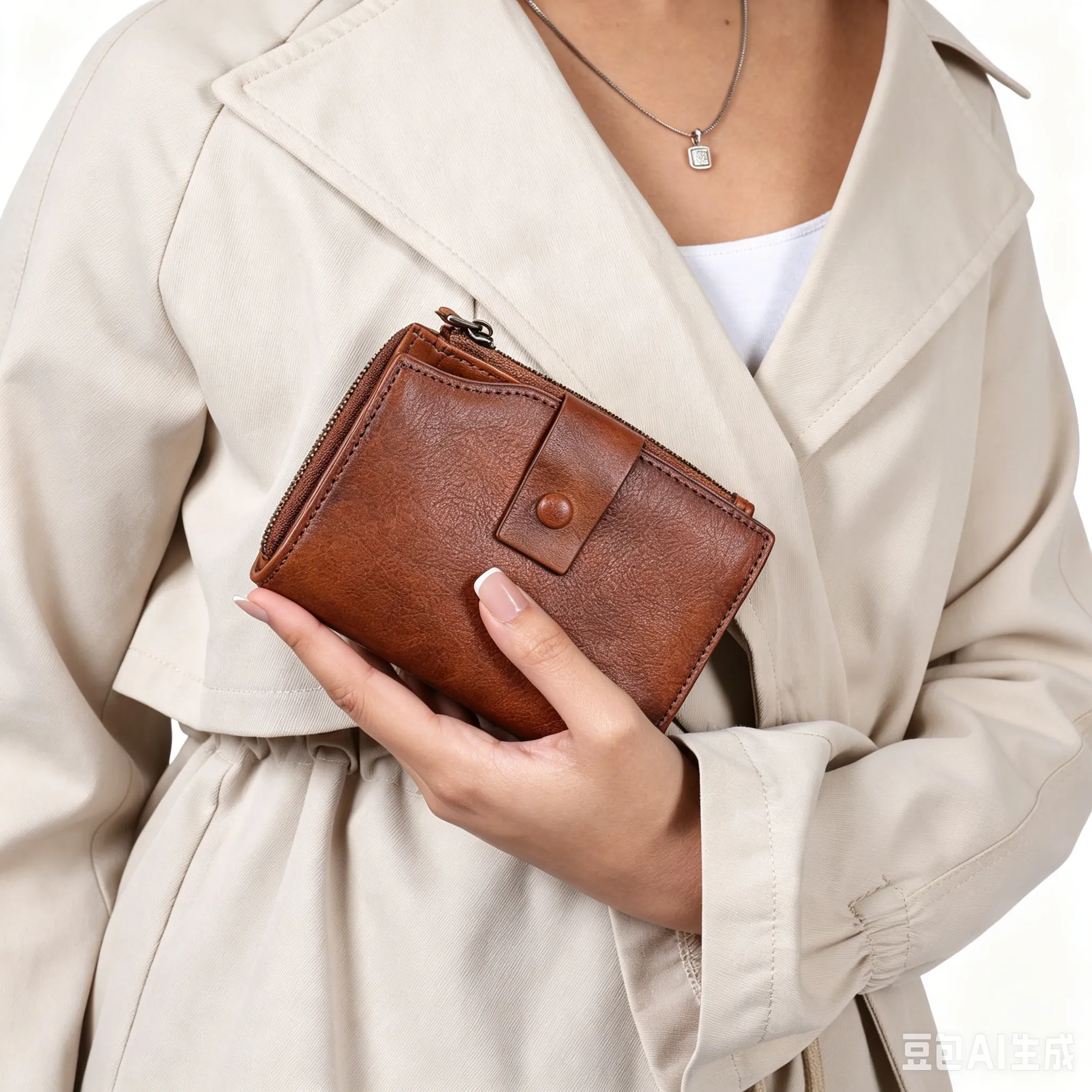 Distressed Full-Grain Leather Wallet with Button Snap