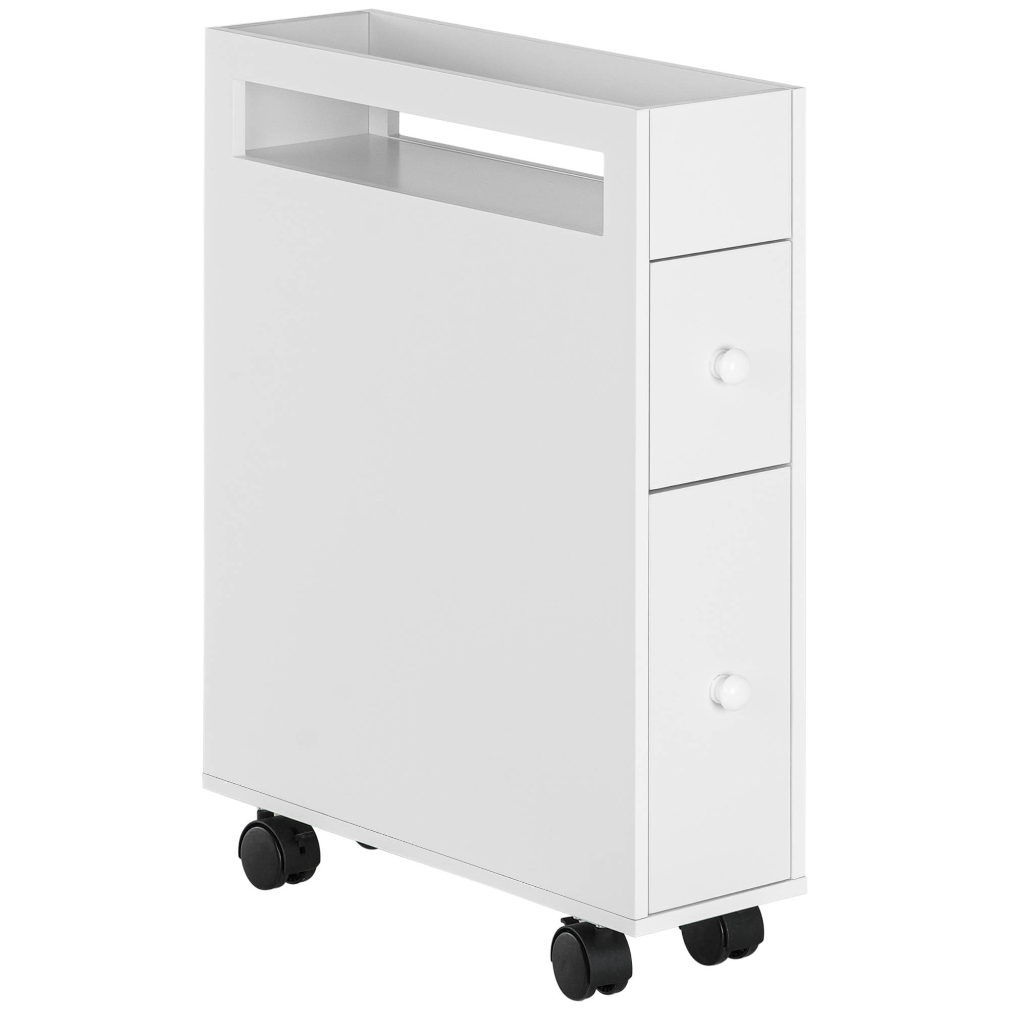 Badkamerkast op wielen, smal design, twee lades, vier wielen, wit, 16 x 49,5 x 66 cm