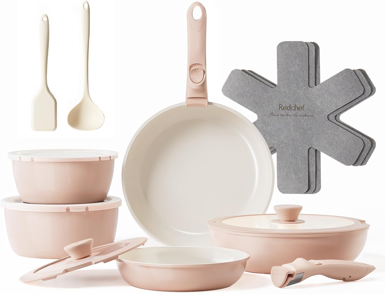 Redchef Topfsets Pfannenset 16-Teilig Antihaft-Keramik-Kochgeschirr-Set mit Abnehmbaren Griffen, Pfanne 20/26cm, Tiefe Bratpfanne 26cm, Topf 18/20cm, Stapelbar Topfset Für alle Herdarten, Ofenfest