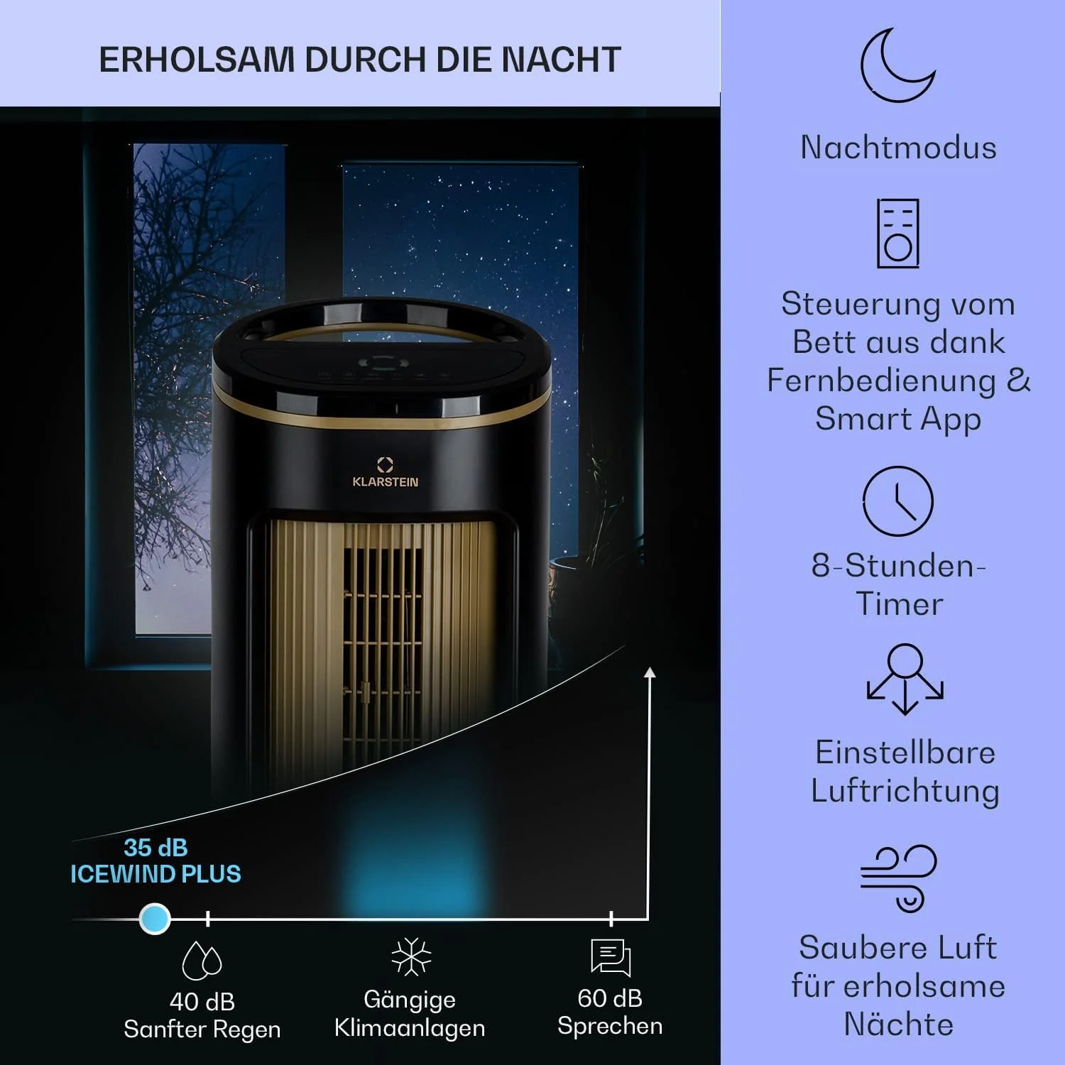 Klarstein Luftk��hler mit Wasserk��hlung, Leiser 4-in-1 Verdunstungsk��hler, Luftbefeuchter, Ventilator & Nachtmodus, Mobile Klimager?te Luftk��hler 7L, 65W Air Cooler, 330m3/h K��hlender Luftstrom