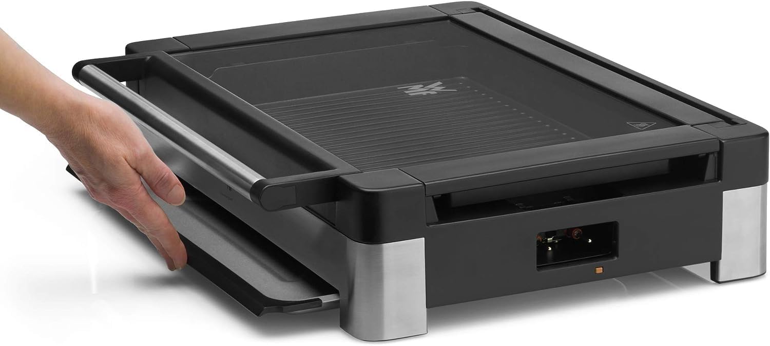 WMF Lono Tischgrill elektrisch mit Glasdeckel, beschichtete Grillplatte, herausnehmbare Auffangschale, spülmaschinenfest, Edelstahl matt, 2200 Watt