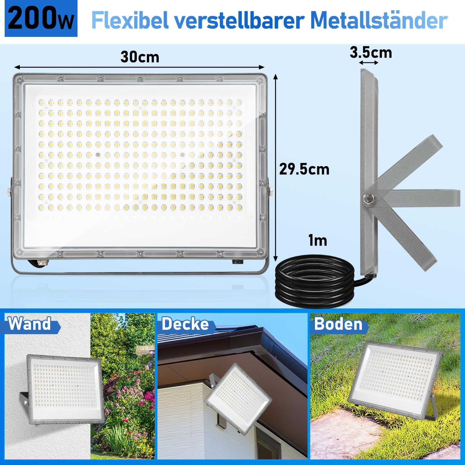 10x200W Strahler Außen, LED Flutlicht 6000K Kaltweiß Superhell 19800LM Außenstrahler mit 1M Langem Kabel, LED Fluter IP65 Wasserdicht für Außen & Innen (Kein Stecker)