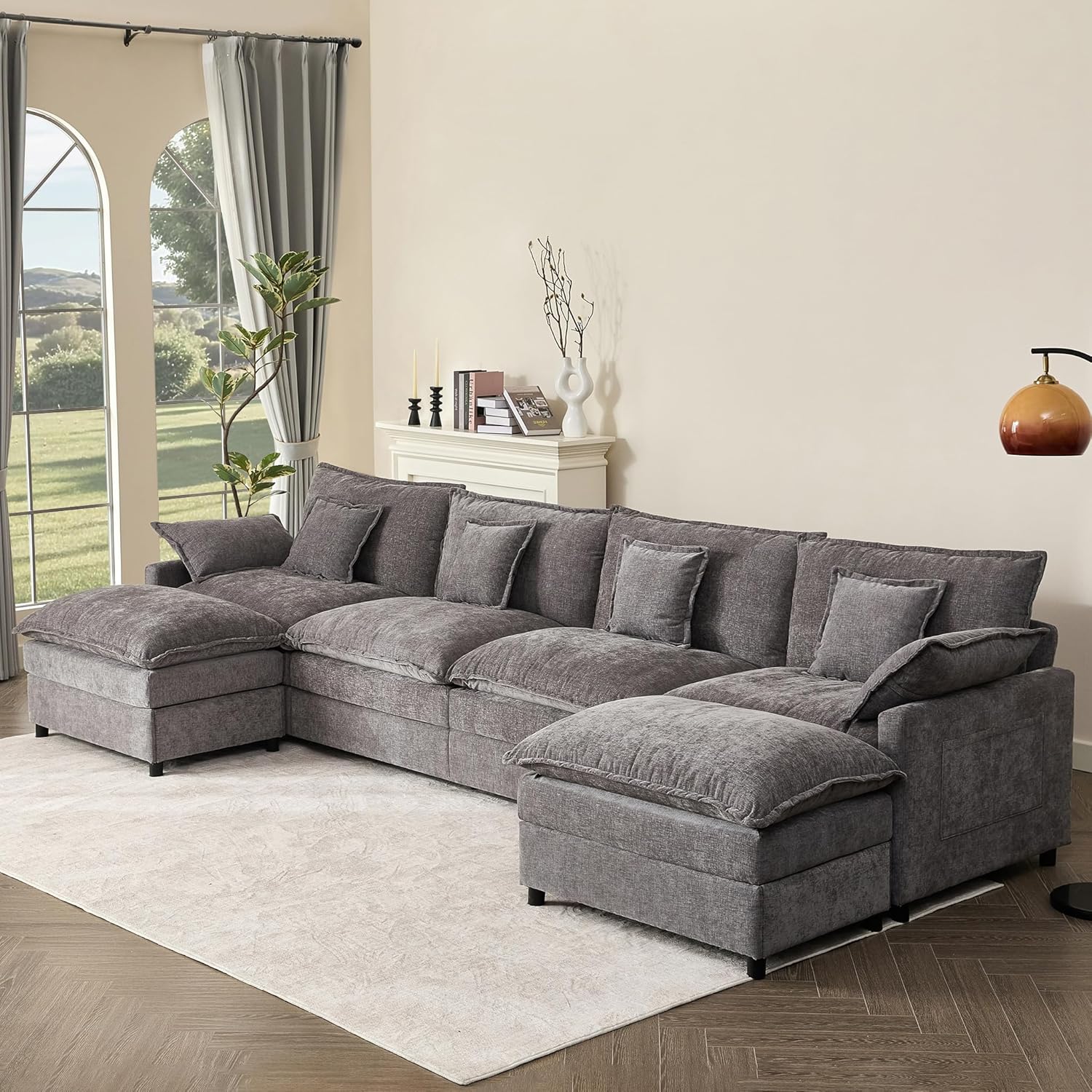 108 U Shaped Couch. Modular Sectional Sofa. 3-Seater Comfy Cloud Couch with Movable Ottoman. Deep Seat Couches for Living Room. Chenille. Slate