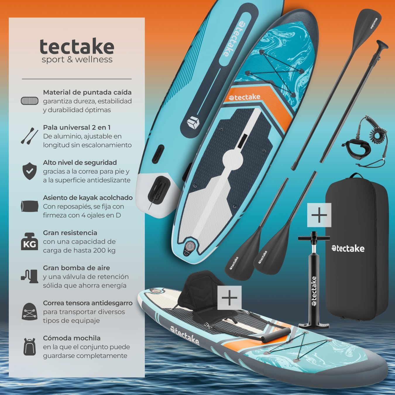 tectake® Tabla de Paddle Surf Hinchable, Incluye Remo 2 en 1, Asiento de Kayak, Bomba de Aire, Mochila de Transporte, Stand Up Paddle, Accesorios Paddle Surf, Tabla Hinchable